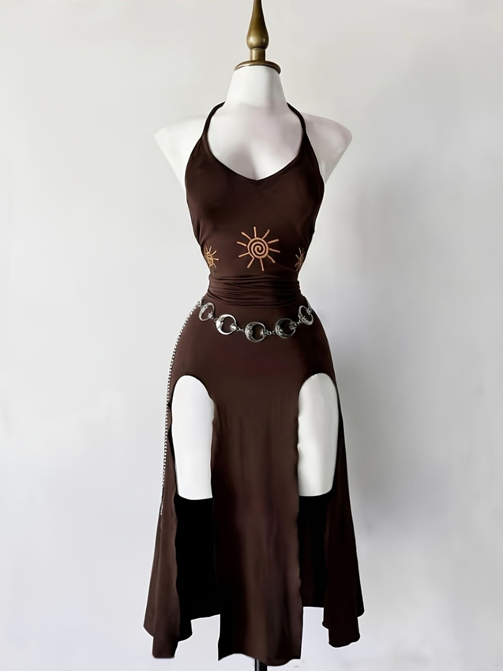 Slit Halter Neck Sun-Embroidered Dress
